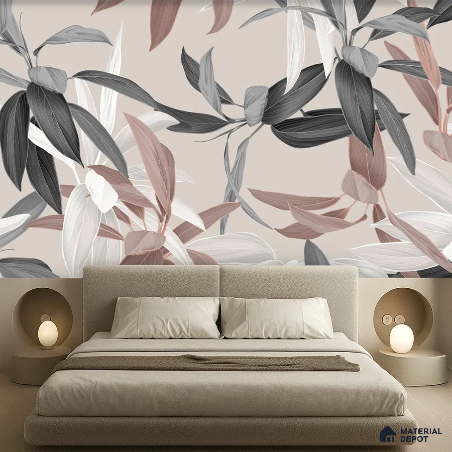 Minimalist bedroom with large floral wallpaper and beige suede upholstered bed in Bengaluru