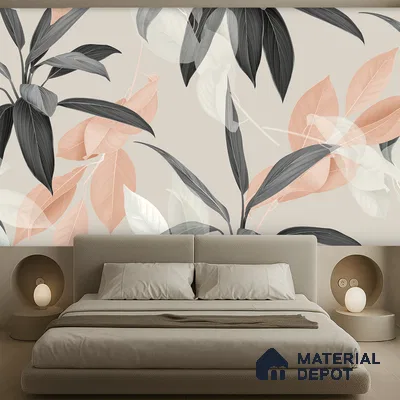 Minimalist bedroom with large-scale botanical wallpaper and beige upholstered bed in Bengaluru