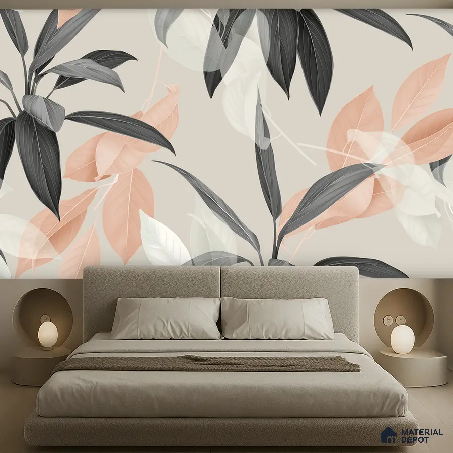 Minimalist bedroom with large-scale botanical wallpaper and beige upholstered bed in Bengaluru