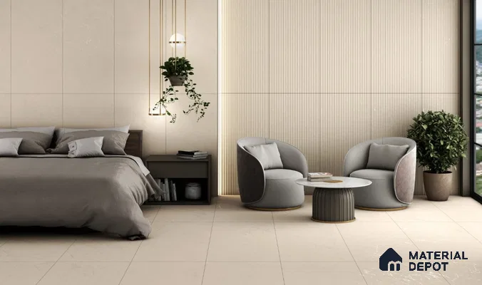 Minimalist Bedroom with Marble Look and Fluted Textured Wall Tiles | Material Depot