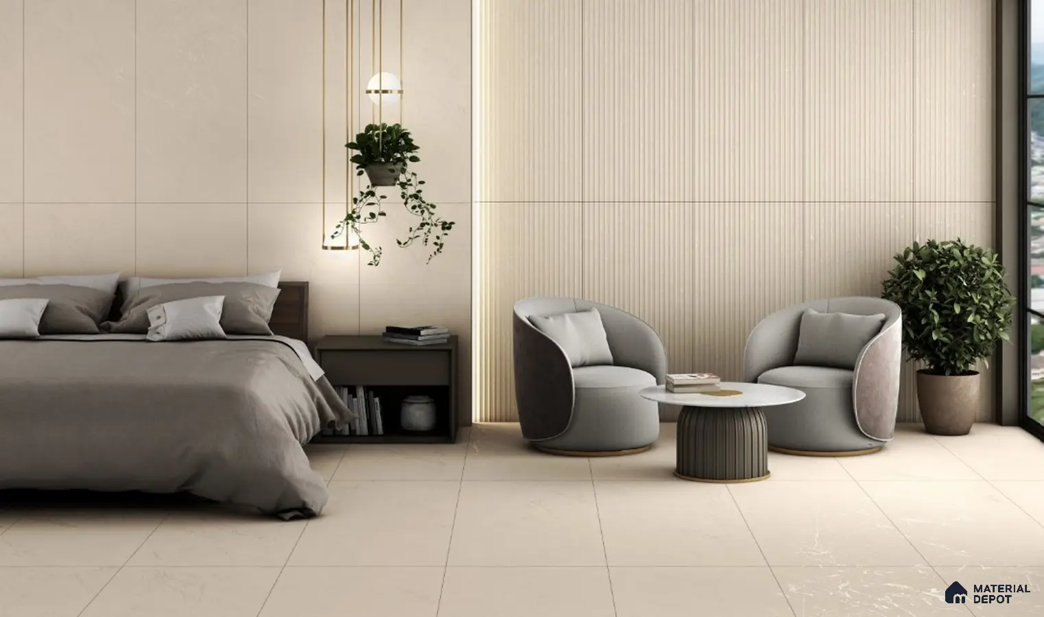 Minimalist Bedroom with Marble Look and Fluted Textured Wall Tiles | Material Depot