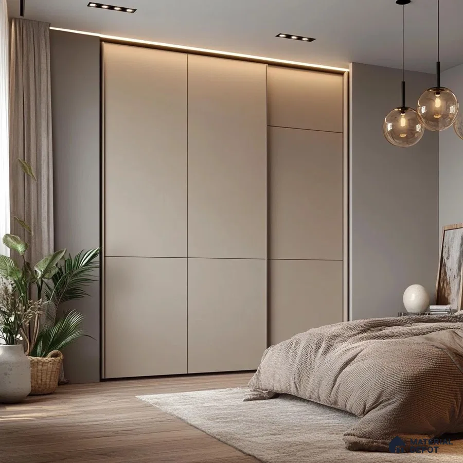 Minimalist bedroom with matte beige laminate wardrobe and light oak wooden flooring | Material Depot