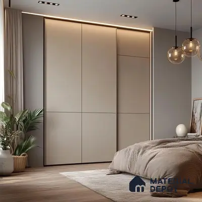 Minimalist bedroom with matte beige laminate wardrobe and light oak wooden flooring | Material Depot