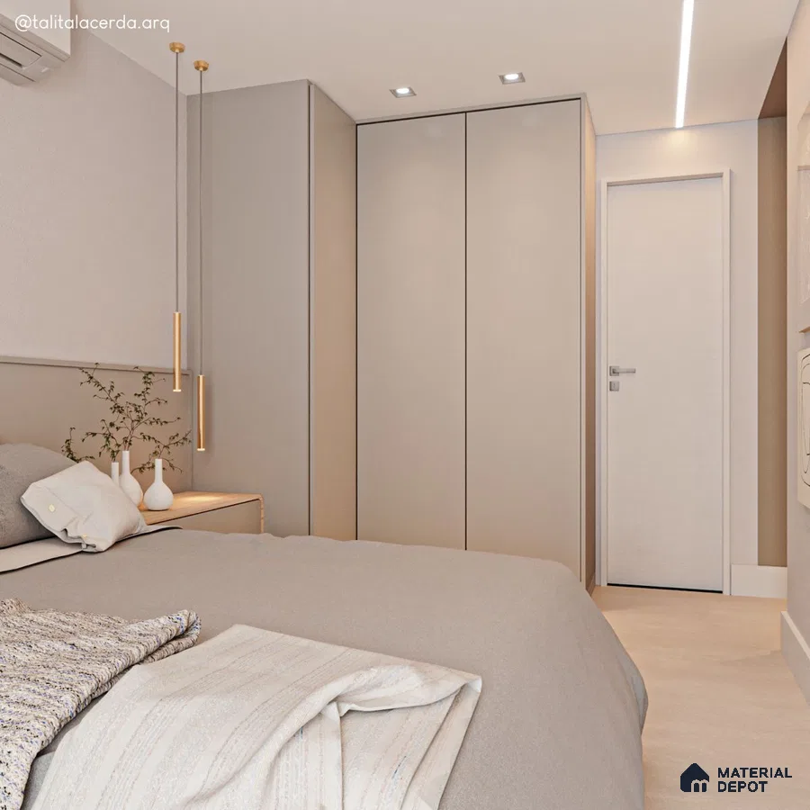Minimalist bedroom with matte beige laminate wardrobe and neutral fabric finishes | Material Depot