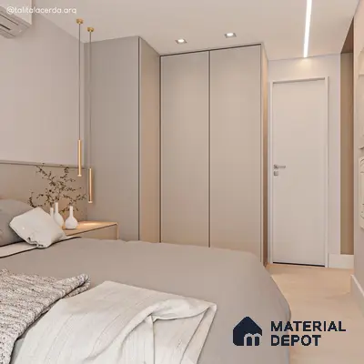 Minimalist bedroom with matte beige laminate wardrobe and neutral fabric finishes | Material Depot