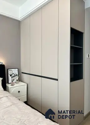 Minimalist bedroom with matte beige laminate wardrobe and open shelving | Material Depot