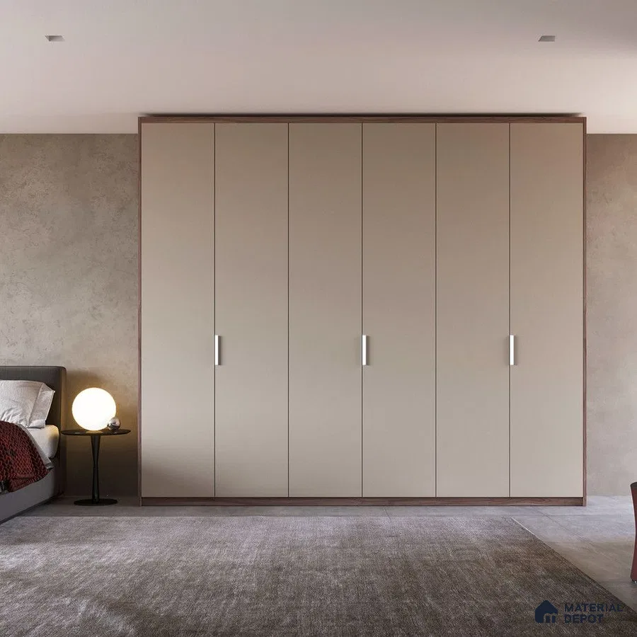 Minimalist bedroom with matte beige laminate wardrobe and textured wall finish | Material Depot