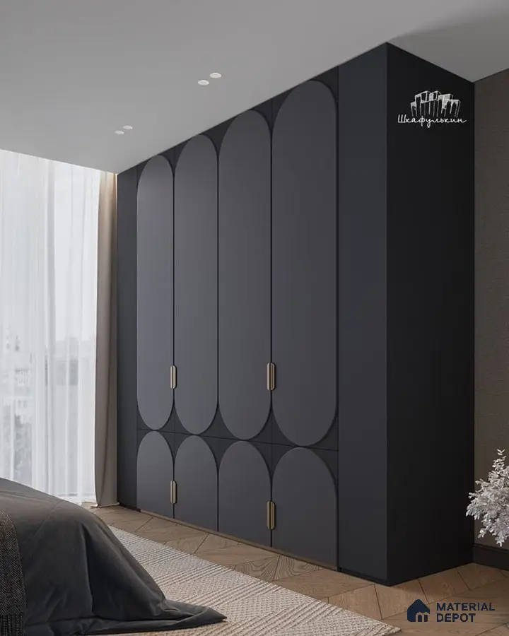 Minimalist bedroom with matte black geometric laminate wardrobe and light oak wooden flooring | Material Depot