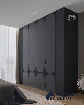 Minimalist bedroom with matte black geometric laminate wardrobe and light oak wooden flooring | Material Depot