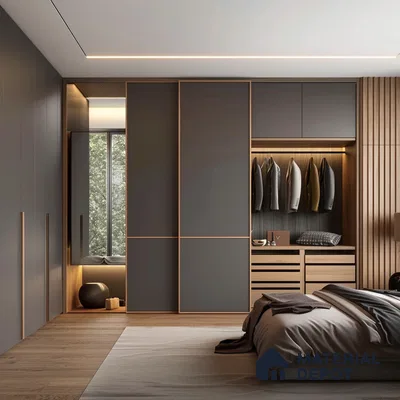 Minimalist bedroom with matte grey laminate wardrobe, natural oak wood accents, and wooden flooring | Material Depot