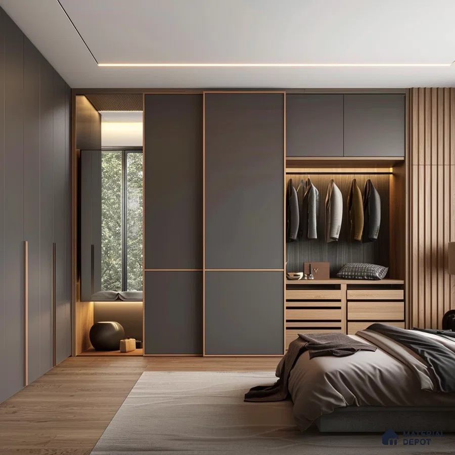 Minimalist bedroom with matte grey laminate wardrobe, natural oak wood accents, and wooden flooring | Material Depot