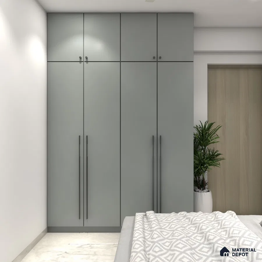 Minimalist bedroom with matte sage green laminate wardrobe and marble floor tile | Material Depot