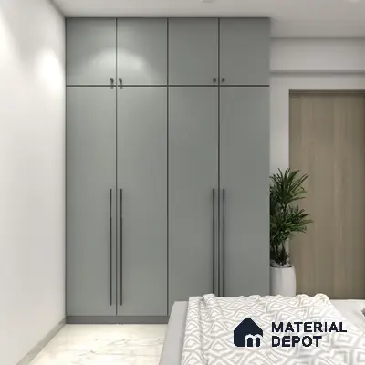 Minimalist bedroom with matte sage green laminate wardrobe and marble floor tile | Material Depot