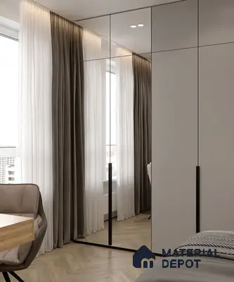 Minimalist bedroom with mirrored wardrobe, taupe laminate, and herringbone wooden flooring | Material Depot