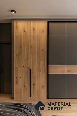 Minimalist bedroom with natural oak wood and matte grey laminate wardrobe | Material Depot