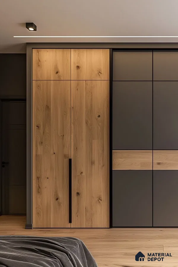 Minimalist bedroom with natural oak wood and matte grey laminate wardrobe | Material Depot