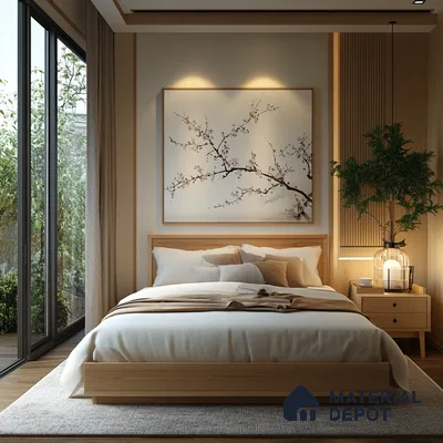 Minimalist Bedroom Design with Nature-Inspired Artwork and Warm Lighting Assetz Canvas & Cove Begur Road | Material Depot