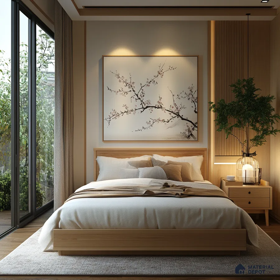 Minimalist Bedroom Design with Nature-Inspired Artwork and Warm Lighting Assetz Canvas & Cove Begur Road | Material Depot