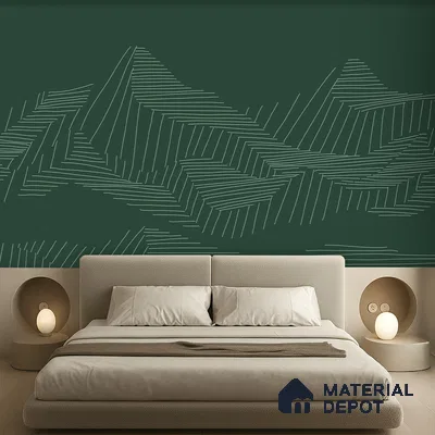 Minimalist bedroom with olive green geometric wallpaper and beige suede upholstered bed in Bengaluru