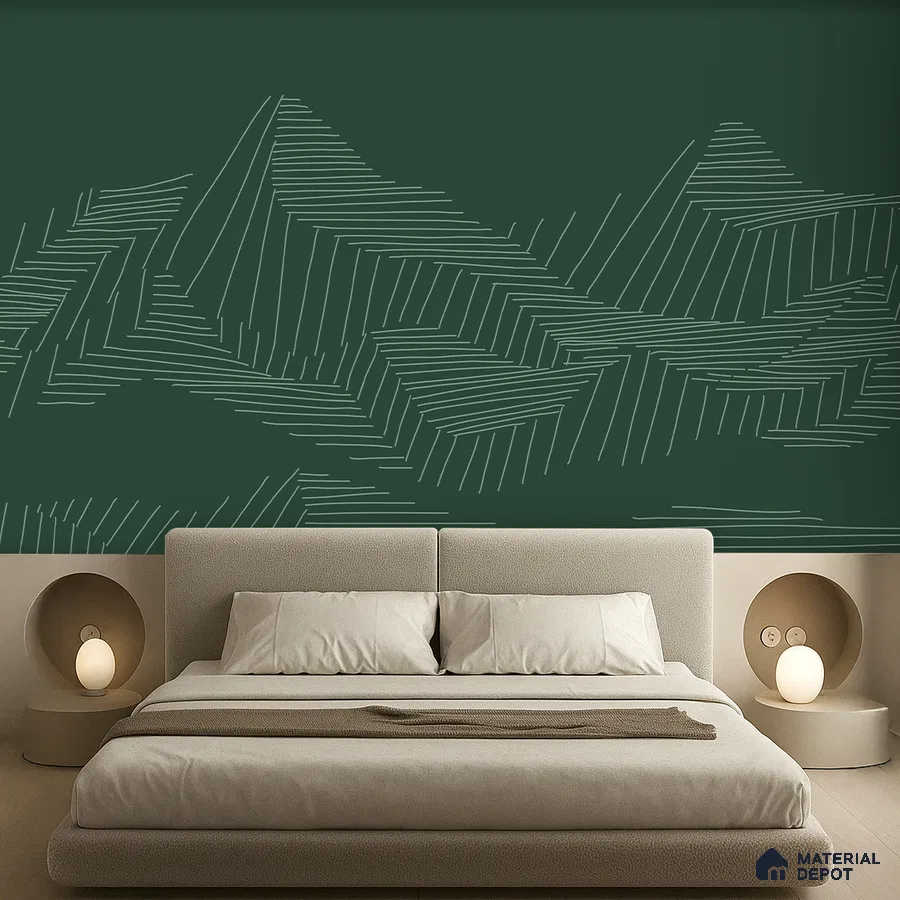 Minimalist bedroom with olive green geometric wallpaper and beige suede upholstered bed in Bengaluru