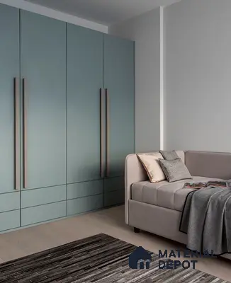 Minimalist bedroom with pastel green solid color laminate wardrobe and light wood flooring | Material Depot