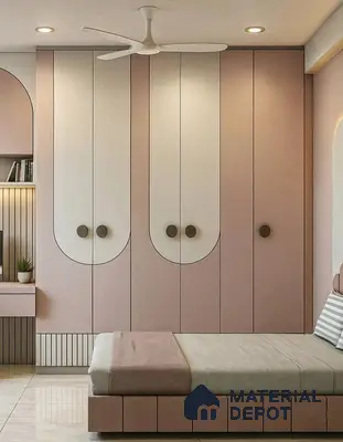 Minimalist bedroom with pastel pink and frosty white laminate wardrobe and beige upholstered bed | Material Depot