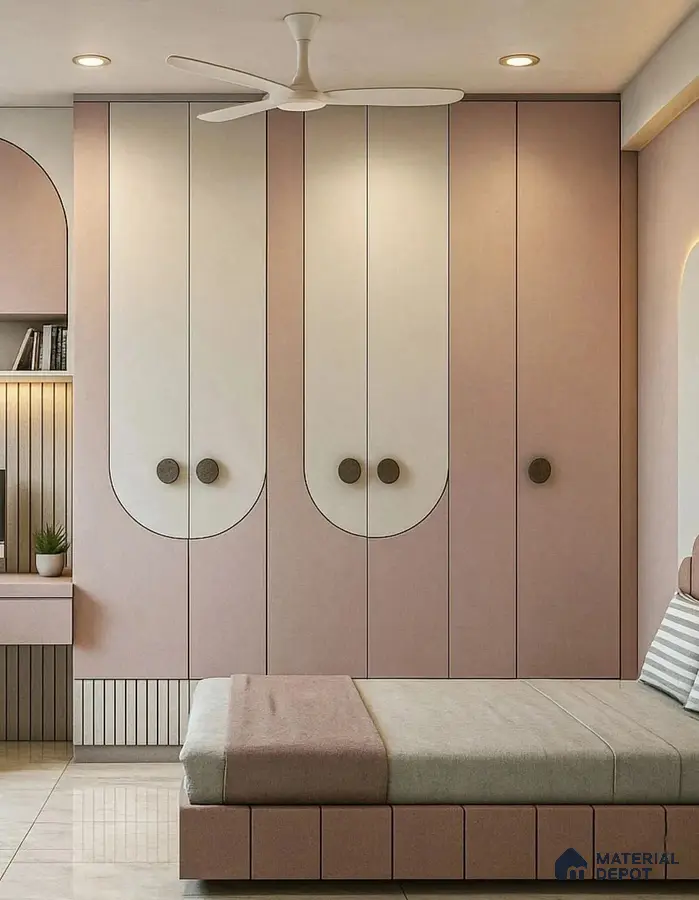 Minimalist bedroom with pastel pink and frosty white laminate wardrobe and beige upholstered bed | Material Depot