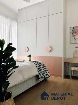 Minimalist bedroom with pastel pink and white laminate wardrobe and light oak wooden flooring | Material Depot