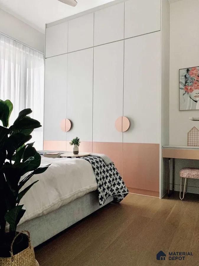 Minimalist bedroom with pastel pink and white laminate wardrobe and light oak wooden flooring | Material Depot