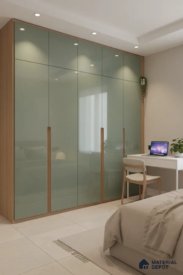 Minimalist bedroom with sage green glass wardrobe and light oak laminate in Bengaluru