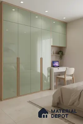 Minimalist bedroom with sage green high gloss laminate wardrobe and beige marble floor tiles in Bengaluru