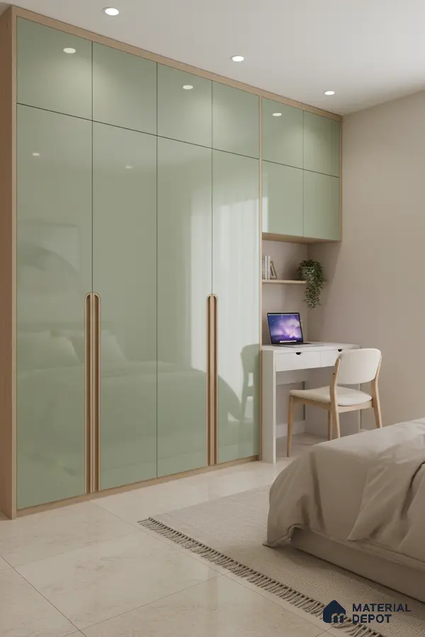 Minimalist bedroom with sage green high gloss laminate wardrobe and beige marble floor tiles in Bengaluru