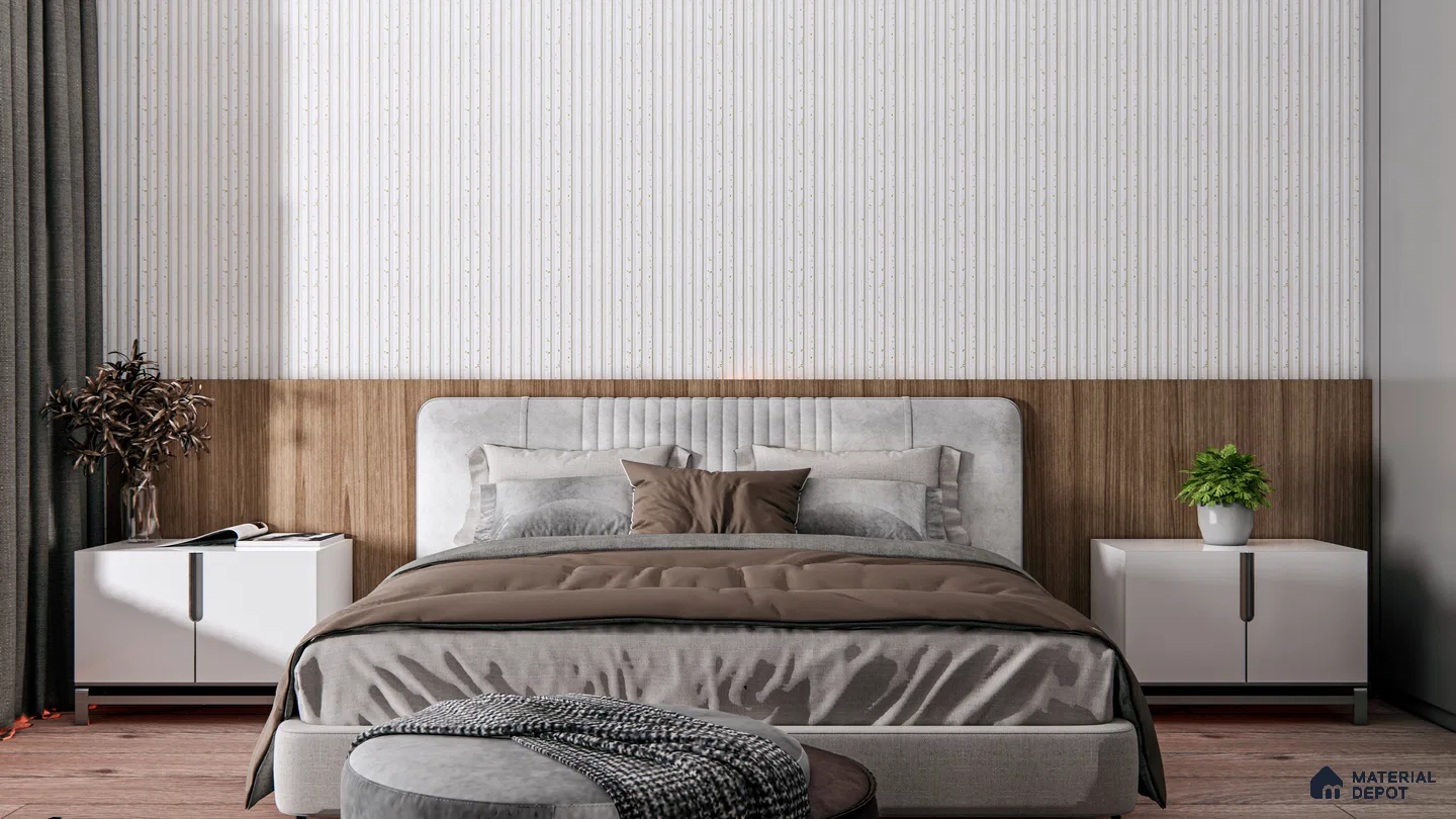 Minimalist Bedroom with Soft Fluted Wall and Wood Panel Accent | Material Depot