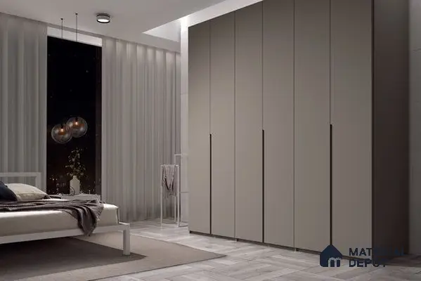 Minimalist bedroom with taupe solid color laminate wardrobe and light grey floor tiles | Material Depot