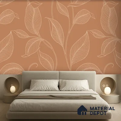 Minimalist bedroom with terracotta floral wallpaper and beige upholstered bed in Bengaluru