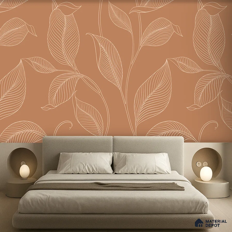 Minimalist bedroom with terracotta floral wallpaper and beige upholstered bed in Bengaluru