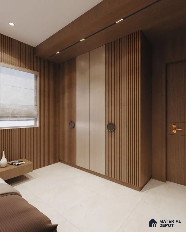 Minimalist bedroom with walnut brown fluted wall panels, beige wardrobe laminate, and ivory marble floor tiles | Material Depot