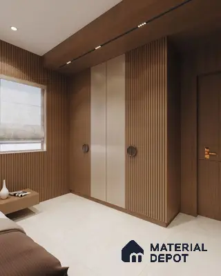 Minimalist bedroom with walnut brown fluted wall panels, beige wardrobe laminate, and ivory marble floor tiles | Material Depot