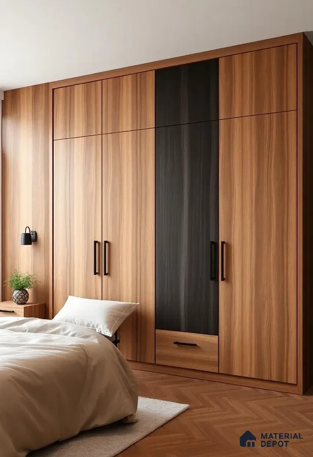 Minimalist bedroom with walnut wood laminate wardrobe and herringbone wooden flooring | Material Depot