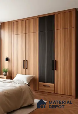 Minimalist bedroom with walnut wood laminate wardrobe and herringbone wooden flooring | Material Depot