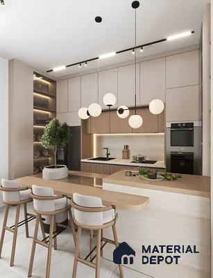 Minimalist Beige And Wood Finish Kitchen With Breakfast Island And Globe Pendant Lighting | Material Depot