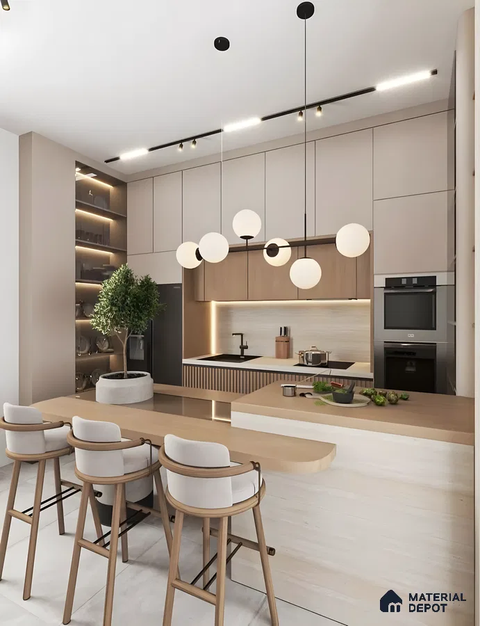 Minimalist Beige And Wood Finish Kitchen With Breakfast Island And Globe Pendant Lighting | Material Depot