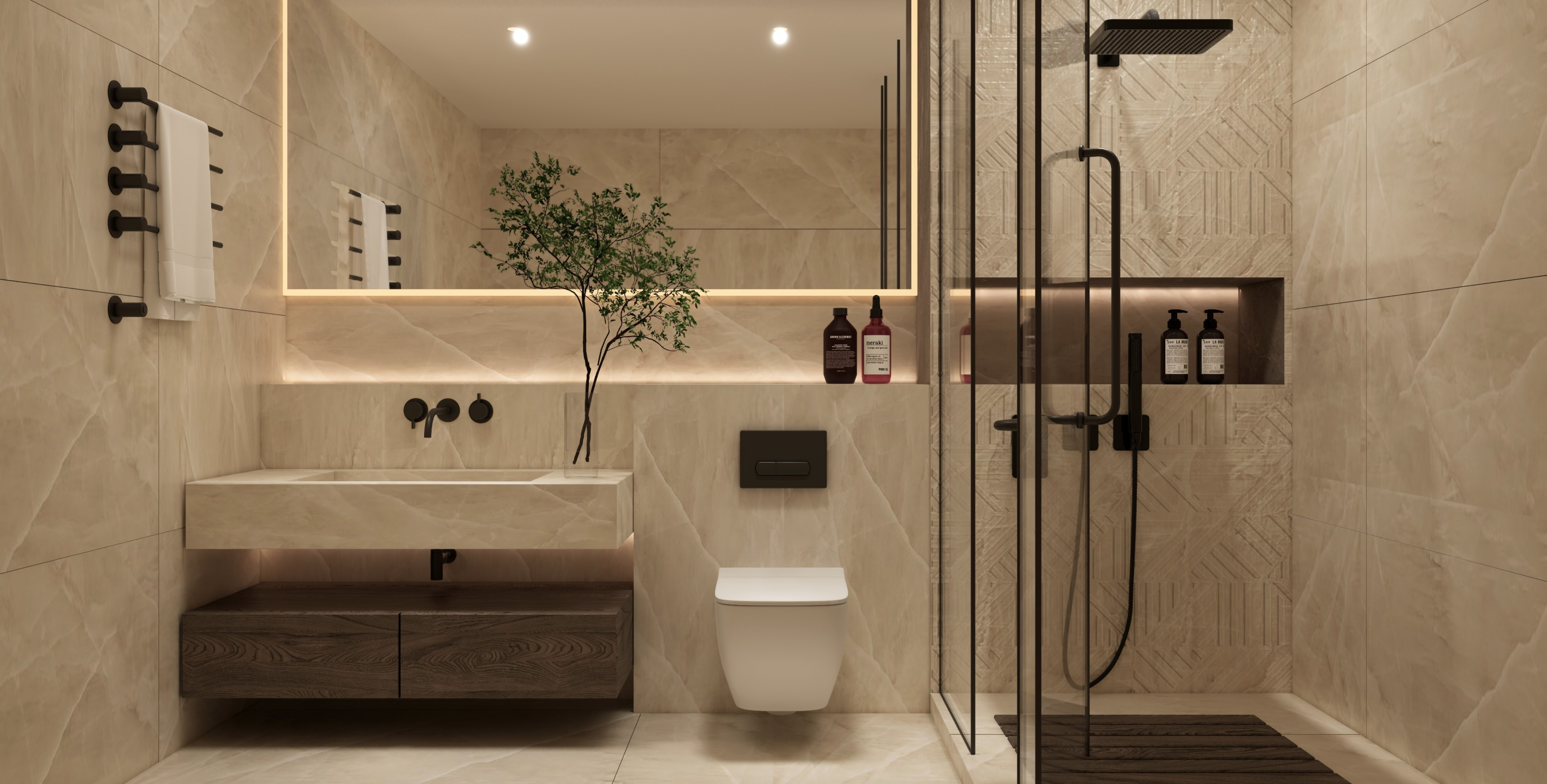 Minimalist Beige Bathroom with Herringbone Shower Wall and Wooden Vanity | Material Depot