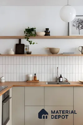 Minimalist Beige Kitchen With Vertical Subway Tiles And Open Shelves  | Material Depot