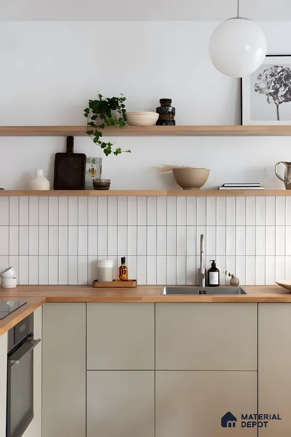 Minimalist Beige Kitchen With Vertical Subway Tiles And Open Shelves  | Material Depot