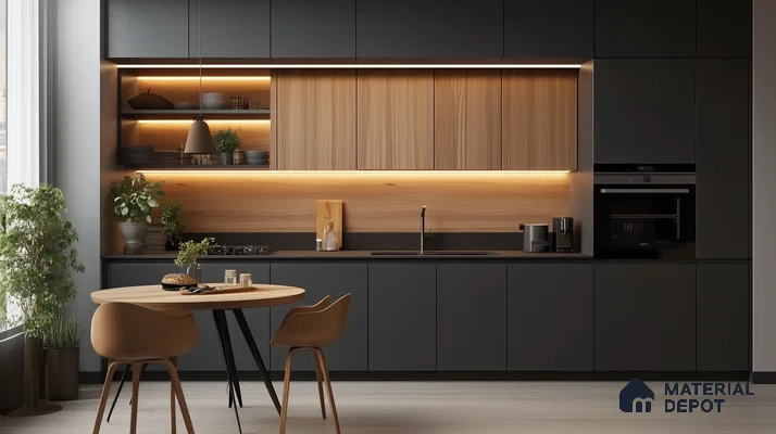 Minimalist Black and Wood Kitchen with Ambient Lighting and Open Shelves | Material Depot