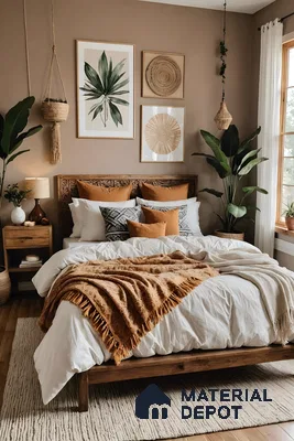 Minimalist Bohemian Bedroom: Solid Wood Bed Frame With Textured Wall Panels And Floating Nightstands | Material Depot