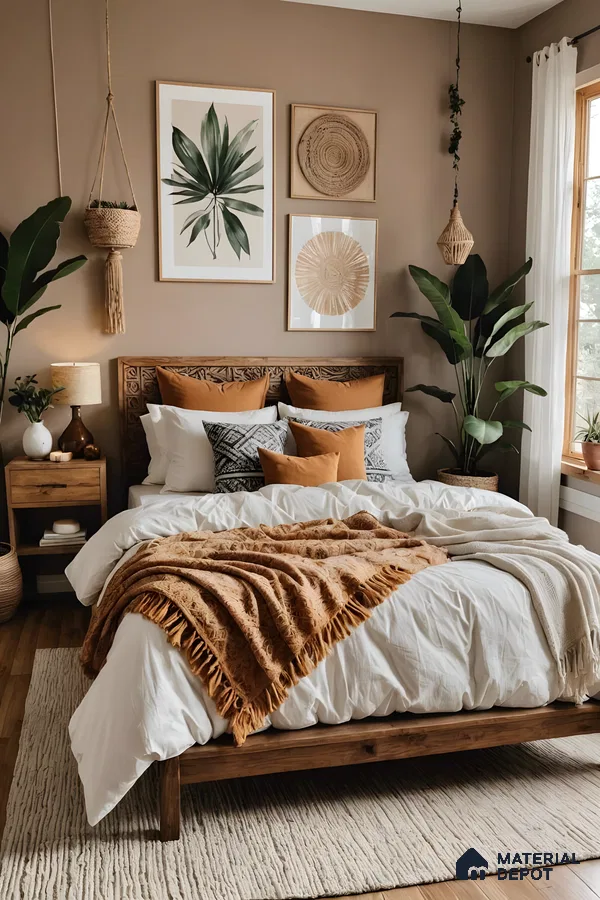 Minimalist Bohemian Bedroom: Solid Wood Bed Frame With Textured Wall Panels And Floating Nightstands | Material Depot