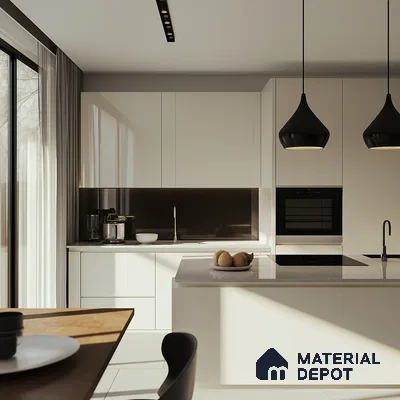Minimalist Cream Glossy Solid Laminate Kitchen with Black Accents | Material Depot