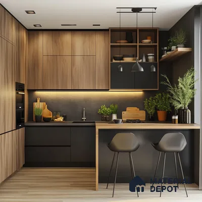 Minimalist Dark-Toned Kitchen with Wooden Accents and Integrated Lighting | Material Depot